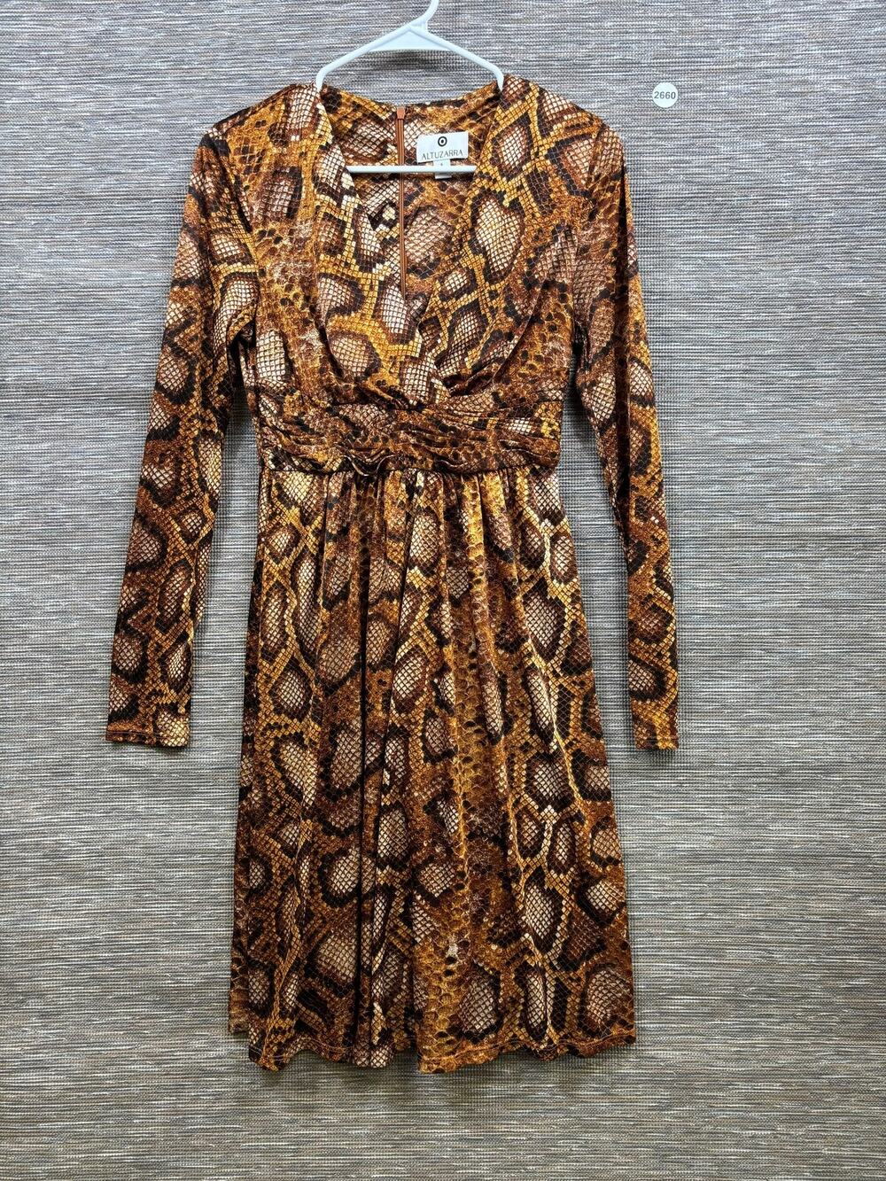 Altuzarra Dress Womens 6 Brown Snakeskin Wrap Fit & Flare Jersey Long Sleeve